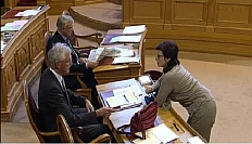 Anita Fetz im Gespräch mit einen Ständeratskollegen über einen Vorstoss, 18.3.2011.